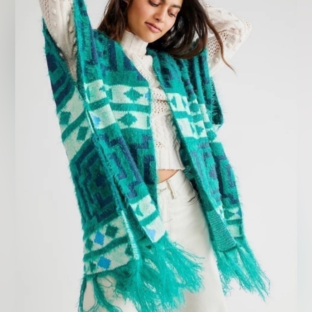 Free People Diamondback Cozy Sweater Kimono Poncho Emerald Green Aztec, one size